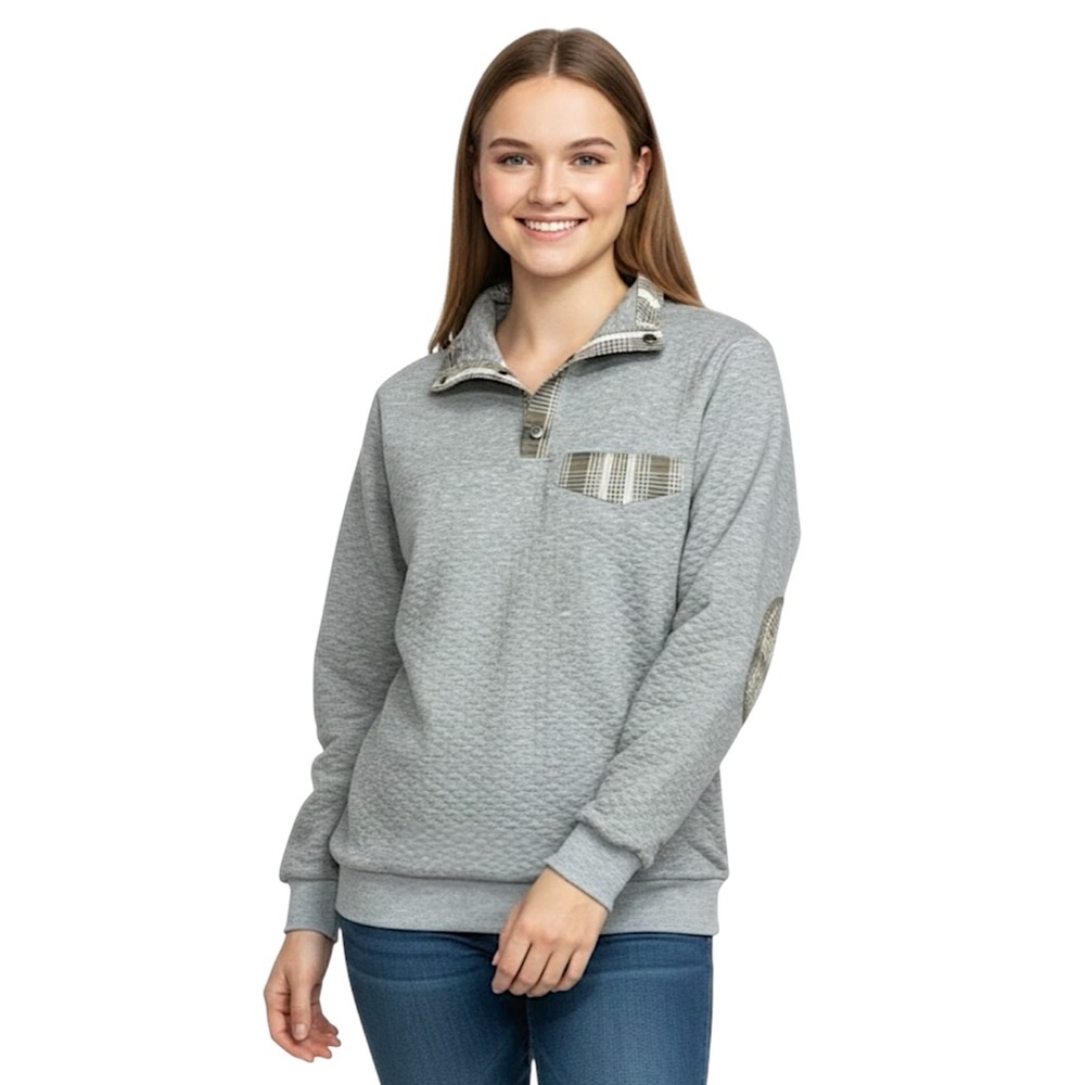 Grey Quilted Quarter Button Pullover Plaid Elbow Patch Sweatshirt Size XL